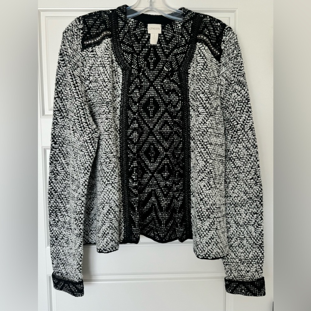 Chico's Darling Cardigan Black‎ White Size M Size 1 Open Front Jacket Tweed